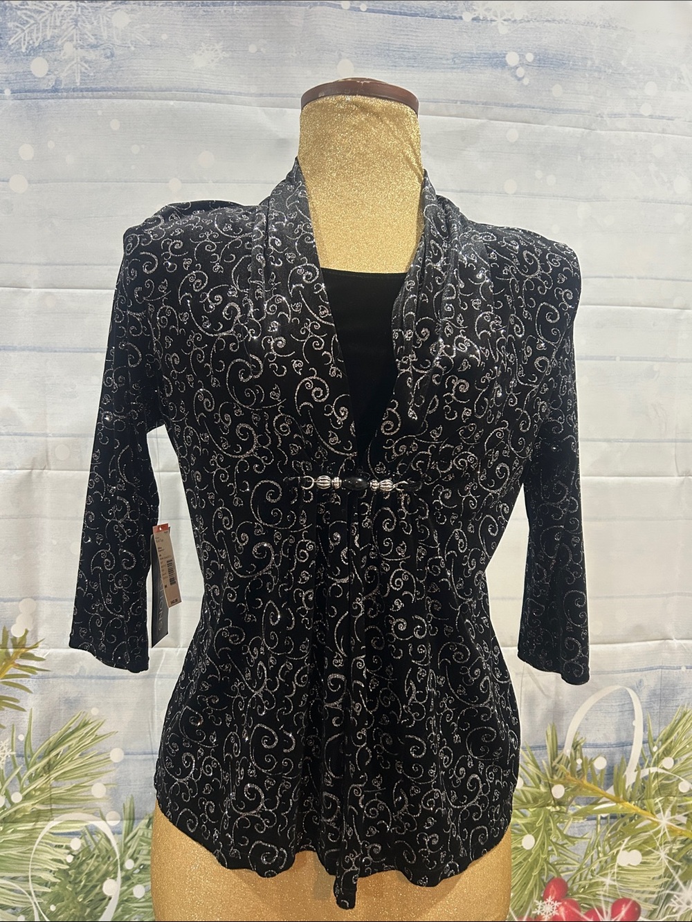 Notations Black top with Silver Metallic Swirl Accents